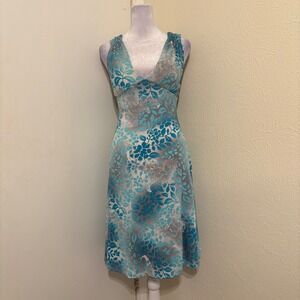 NWT Y2K Fairycore Silver Teal Floral Tropical Cutout Back V-Neck Mini Dress Sz M